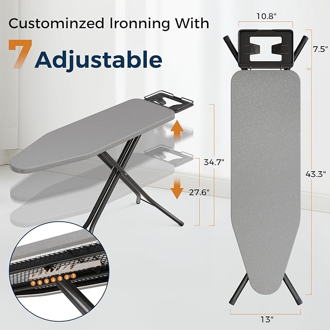 BEWISHOME Foldable Ironing Board,Compact Iron Board with Safety Iron Rest | and 7 Adjustable Heights , Ironing Stand with Cover and Pad for Heat Resistance, for Laundry Room 43" X 13" Grey KYB01B