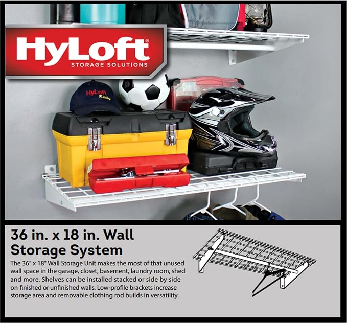 HyLoft 2-Pack Heavy Duty Steel Wall Garage Shelving, 36 in. x 18 in. Adjustable, Includes Hanging Rod, Max Shelf Load 200 Pounds, Item 777, White Powder Coated Finish