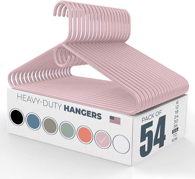 Heavy Duty Clothes Hangers 50 Pack (54 Count) – Made in the USA – 8lb Capacity Plastic Hangers for Adult Clothing – Durable for Pants, Coats, Jackets, or Jeans – Pink