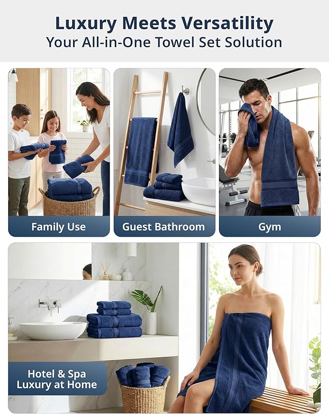 LANE LINEN Luxury Bath Towels Set - 6 Piece Set, 100% Cotton Bathroom Towel, Zero Twist, Quick Dry Shower Towels, Extra Soft Absorbent Towel, 2 Bath Towels, 2 Hand Towels, 2 Wash Cloths - Navy