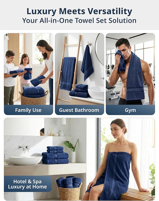 LANE LINEN Bath Towel Set Quick Dry 100% Cotton 18 Piece Soft - Navy | Cotton Bath Towels - Classic Terry Weave, Densely Woven, Coordinated Colors, Everyday Durability, OEKO-TEX Certified