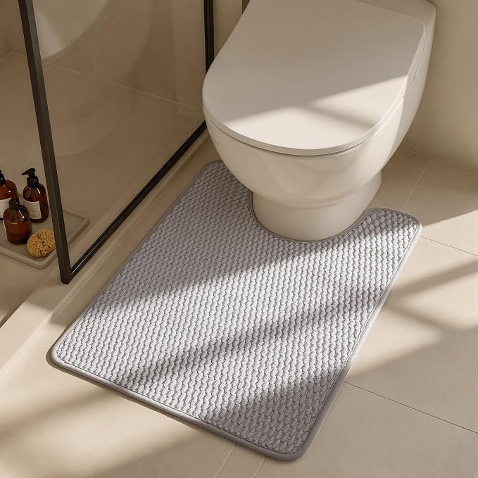 Triohero Toilet Rug, Thin Toilet Rugs U Shaped Washable Non Slip Absorbent Quick Dry Low Pile Toilet Mat, Light Grey 20"x24" U Shape