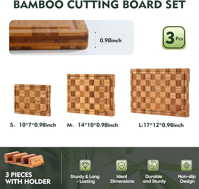 Heavy Duty Bamboo Cutting Board Set 3 Pack Non Toxic Juice Groove Charcuterie Board Book Wood Cutting Boards for Kitchen Solid End Grain Wood Chopping Board Large Butcher Block