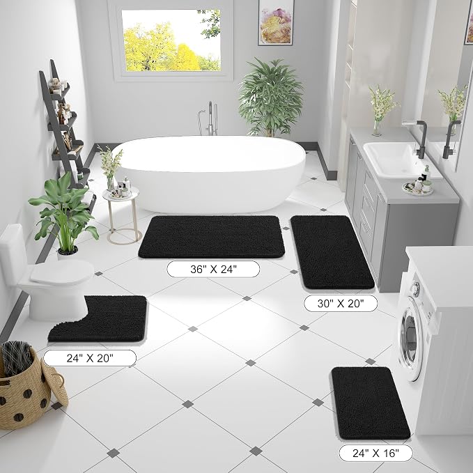 OLANLY Bathroom Runner Rugs 70x24, Extra Soft Absorbent Chenille Bath Rugs, Rubber Backing Quick Dry, Machine Washable Long Bath Mats for Bathroom Floor, Tub and Shower, Home Decor Accessories, Black