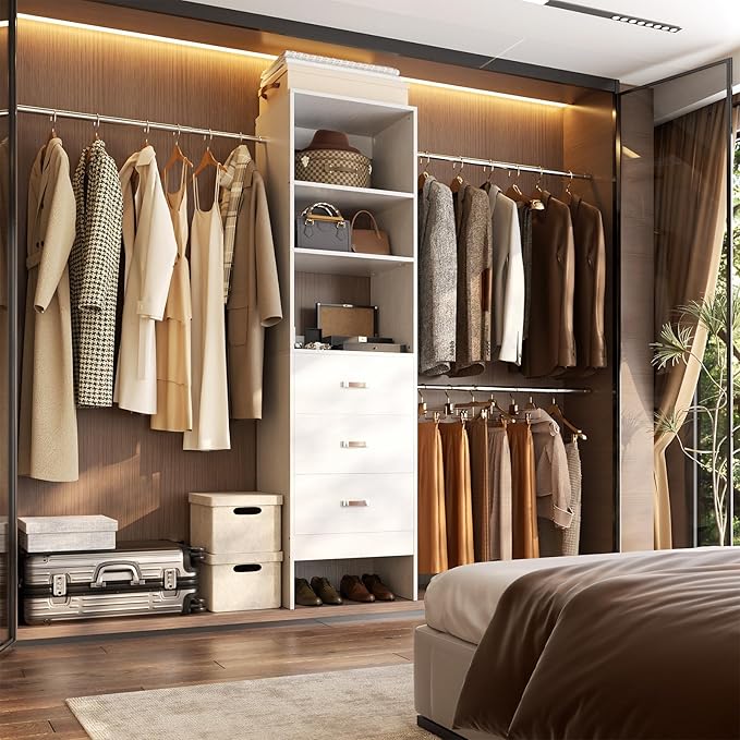 Besiost 96'' Closet Organizer System with 3 Hanging Rods, 8FT Closet Organizers and Storage with 3 Wooden Drawers, Built in Closet Organizer Systems, Adjustable Walk-in Wardrobe from 5-8FT, White