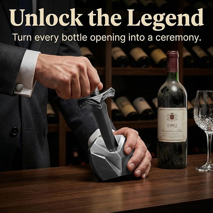 Ah So Wine Opener, Excalibur Sword Wine Corkscrew with Display Base, Premium Zinc Alloy Vintage Bronze Corkscrew for Fragile Corks, Unique Wine Gifts for Man, Collectors & Luxury Bar Decor (Silver)