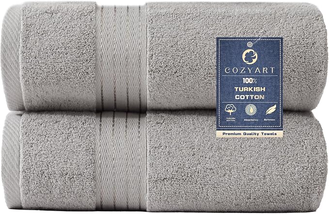 COZYART Luxury Bath Towels 2 PCS, Light Grey 100% Turkish Cotton 650 GSM | OEKO-Tex 100 Certified Zero Twist Ring Spun, Soft Absorbent Quick Dry, Plush Fluffy, Breathable Hotel Quality for Daily Use
