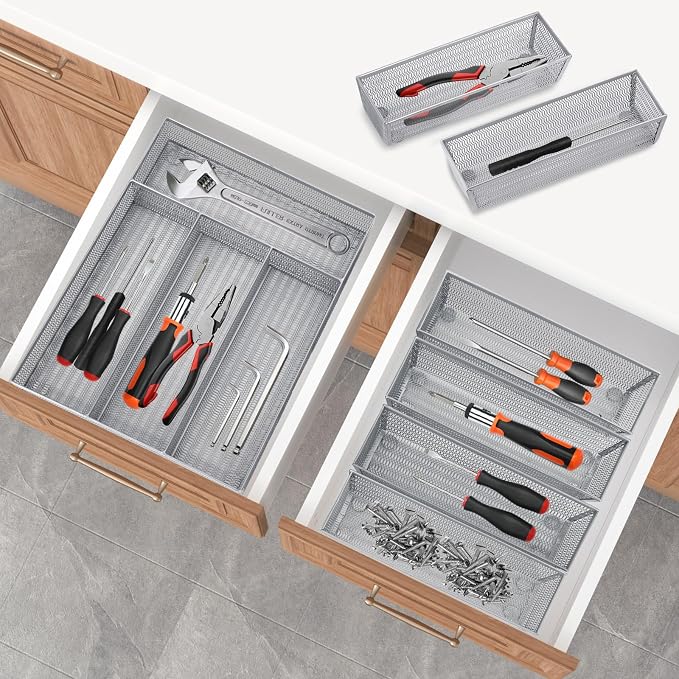 Neudeco Drawer Organizer Set, Silver, 5 Pack | 4-Compartment Silverware Tray, 4 Utensil Trays, Silver Mesh, Non-Slip, For Flatware, Cutlery, Office Supplies