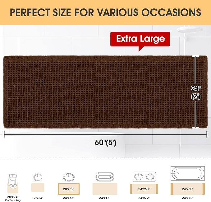 IM HOME Waffle Bath Mat Brown 5'x2', Boho Woven Modern Bath Mat Rugs, Absorbent Non Slip Bathroom Rugs, Soft Washable Bath Rugs with Tassels for Bathroom, Bedroom, Kitchen, Shower, Tub