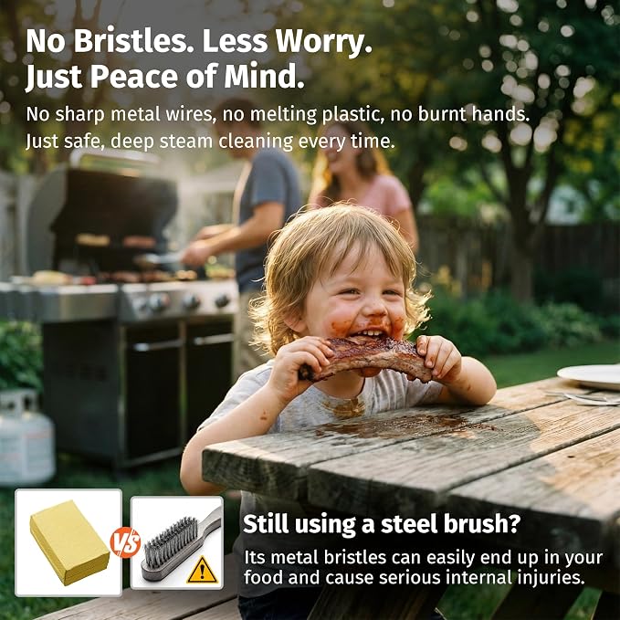 East Oak Bristle-Free Grill Brush, 2mm Thick Stainless Steel Rod, Heat-Resistant Aramid Sponge Head (900°F), Steam Cleaning Brush with Scraper, Safe for Cast Iron & Stainless Steel Grates