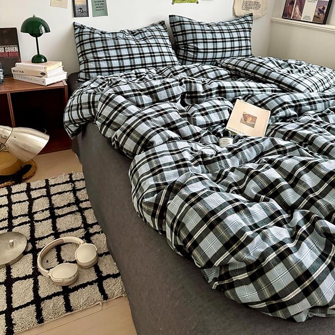 mixinni Vintage Grey & Pale Blue Buffalo Plaid Duvet Cover Set King Size - 3 Piece Washed Cotton Bedding Set with Grid Pattern, Soft & Breathable Duvet Cover with Pillowcases for Boys, Men& Women