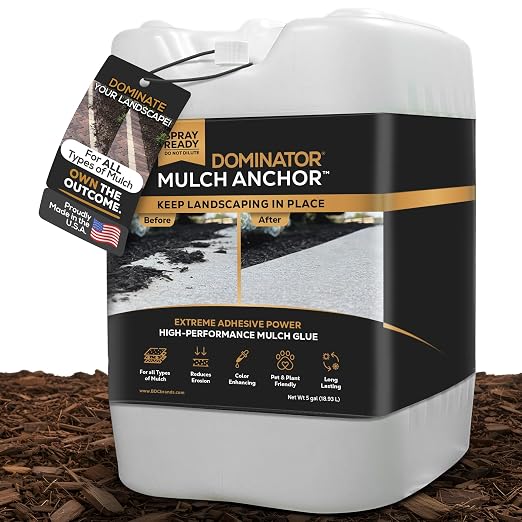 Dominator Mulch Anchor 5 Gallon - Mulch Glue for Landscaping | Mulch Glue Spray for Rubber Mulch, Wood Chips, Pine Straw, Cedar & Cypress | Ready to Spray Heavy Duty Landscape Glue