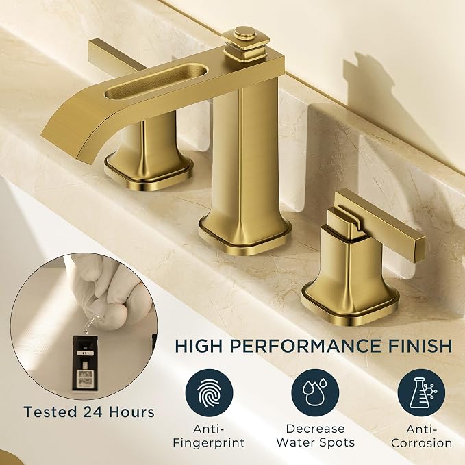 FORIOUS 3 Hole Gold Sink Bathroom Faucet for Vanity with Metal Pop Up Drain, 8 Inch Widespread Bathroom Faucets 2-Handle, Elegant Mordern Waterfall Design