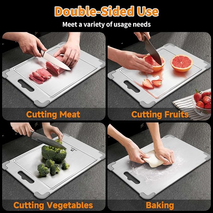 3Pcs 100% Pure Titanium Cutting Board with Grooves, Update Double Side Titanium Chopping Board, Silicone Anti-slip Stainless Cutting Boards Set for Kitchen