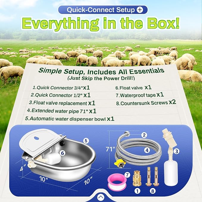 Ademon Automatic Animal Drinking Water Bowl with Float Valve, Extended Pipe & Drain Hole,3L Stainless Steel Waterer Feeder Farm Dog Dispenser Kit Self Filling for Livestock Horse Goat Water Trough