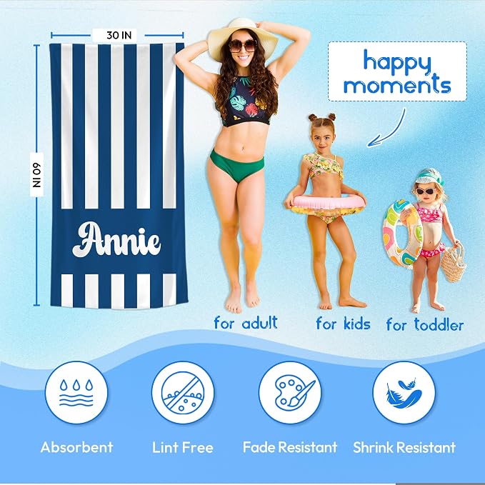 JML Personalized Beach Towel with Name, Custom Cabana Stripe Beach Towel, Customized Microfiber Pool Towel, Quick Dry & Absorbent Swim Towel for Adult,Mother's Day, Birthday, Summer Holiday,Vacation