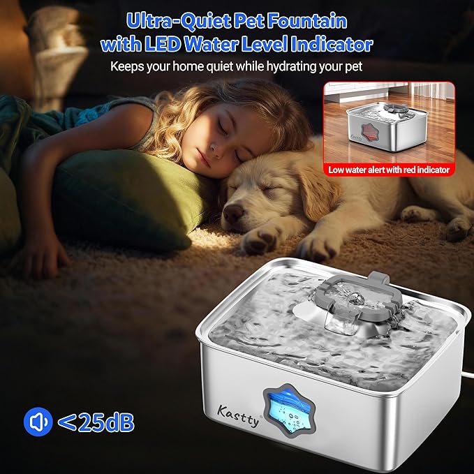 Kastty 4Gal/15L Stainless Steel Dog Water Fountain for Pets, Inside, FS81 | 5-Stage Filtration, Dual-Color LED, Visual Window, Large Medium & Multi-Pet