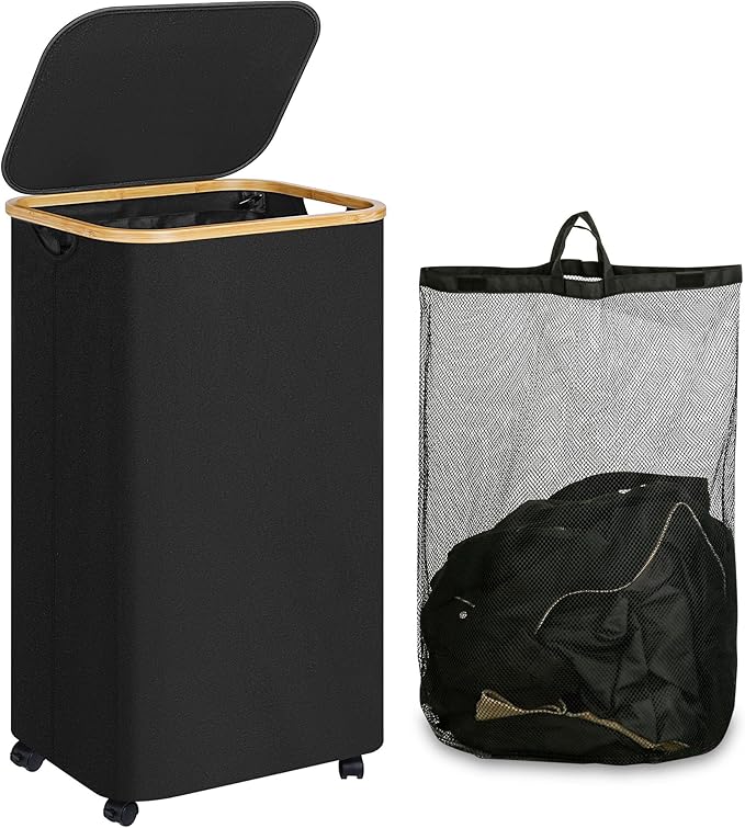 Laundry Basket with Wheels, 110L Black Clothes Hamper for Laundry, Laundry Hamper with Lid and Inner Bag, for Laundry Room, Bedroom, Dormitory Storage,Black