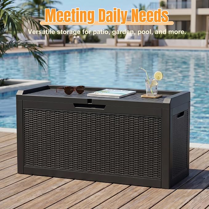 Outdoor Storage Box,98 Gallon Waterproof Resin Patio Deck Box | UV Resistant Lockable Package Delivery Bin, Toy Cabinet, Shoe & Garden Tools Storage, Ottoman, Indoor/Outdoor