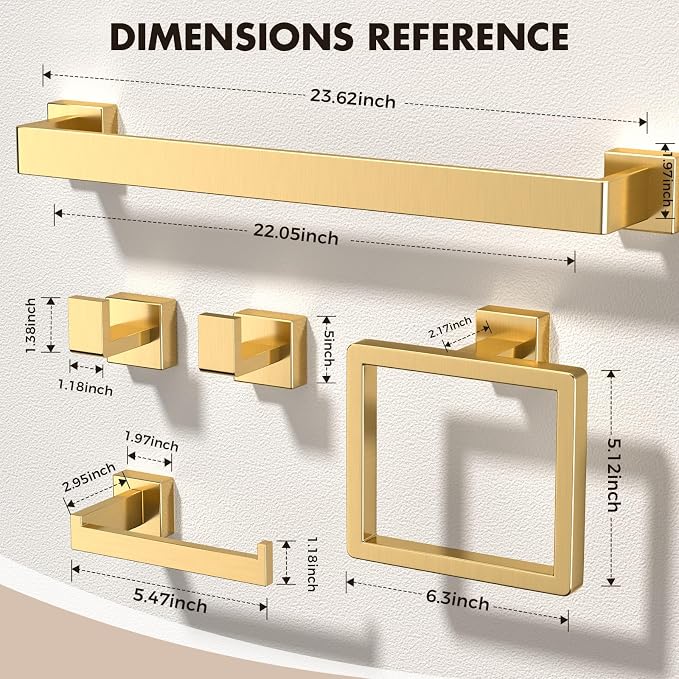 Bathroom Accessory Towel Bar Set: 20 Pieces Gold Square Bathroom Hardware SUS304 Stainless Steel - 24 Inch Wall Mounted Towel Rack&Toilet Paper Holder&Towel Ring and Towel Hook