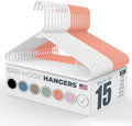 Plastic Hangers 15 Pack - Made in the USA - 6lb Capacity Standard Clothes Hangers with Strap Hooks for Dresses, Lingerie, Shirts, Pants, and Jackets - White & Orange