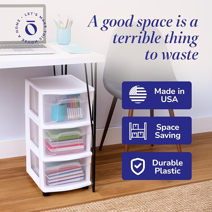 HOMZ Drawer Tower, 3-Tier Rolling Storage Cart with Removable Wheels, White Frame – Plastic Organizer with Clear Bin Drawers for Bedroom, Bathroom, Home Office, and Dorm Room