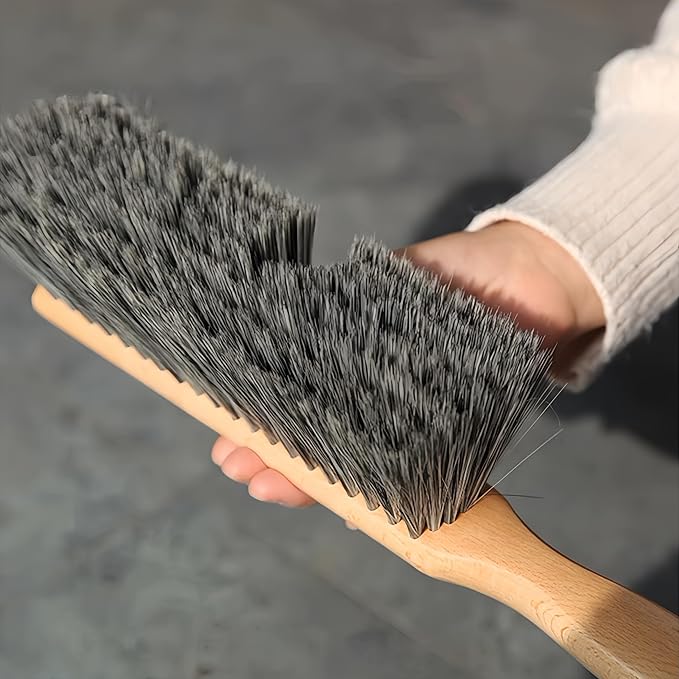Metal Dust Pan and Brush Set, Natural Bristle Wooden Hand Broom for Fireplace, Garage, Workshop, 9" Wide