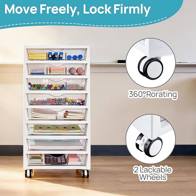 Vtopmart 8 Tier Rolling Cart with Drawers, Clear Plastic Drawers with Removable Dividers for Art &Office Supplies, Beauty Products, Toy, Under Desk Storage for Craft Room, Classroom