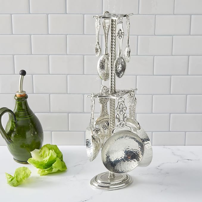 Crosby & Taylor Fleur de Lys Artisan Pewter Measuring Cups and Spoons with Display Post, 9-piece Set, Handmade in the USA