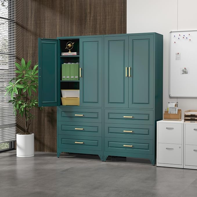 SteeLoong 75" Metal Storage Cabinet with Doors and 2 Adjustable Shelves | Kitchen Pantry Cabinet with 3 Drawers,Green Kitchen Cabinet with 2 Gold Handles,Food Cupboard for Livingroom,Pantry, Bathroom