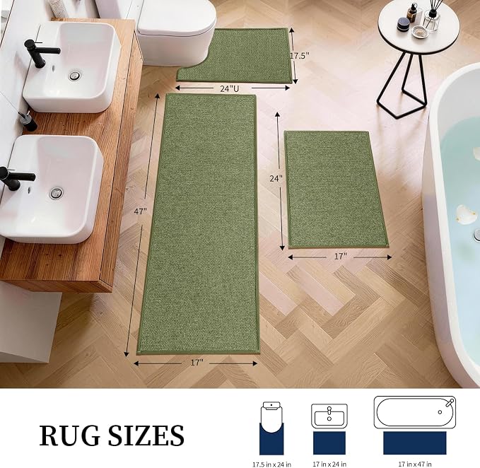 YIHOUSE Green Bathroom Rugs Sets 3 Piece, Quick Dry Thin Bath Mat with Toilet Rug, Non Slip Absorbent Machine Washable, Bath Runner Rugs for Bathtub Sink Home Decor