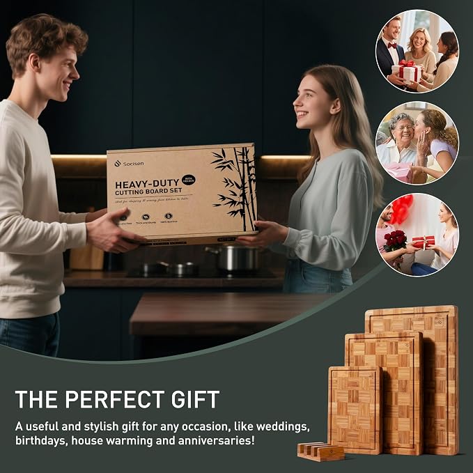 3 Pack Heavy Duty Bamboo Cutting Board Set Non Toxic Wooden Cutting Board for Kitchen Non Slip Solid End Grain Thick Wood Juice Groove Chopping Board Extra Large Butcher Block Best House Warming Gift