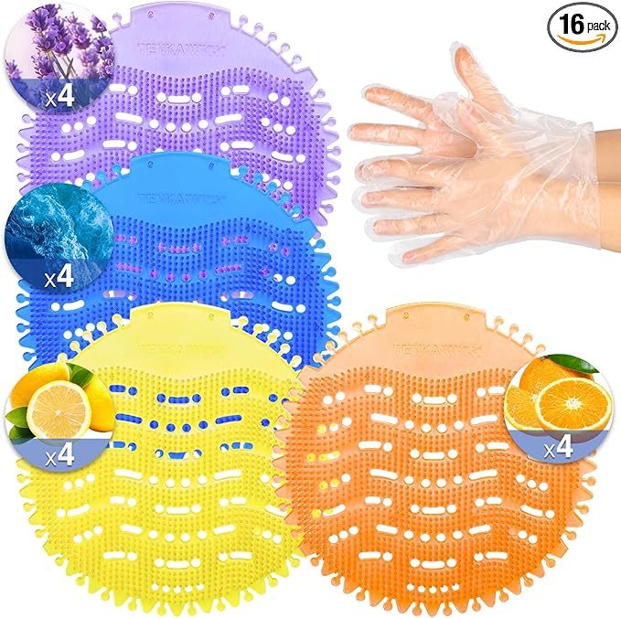 16 PACK Urinal Deodorizer Screen with 100 Gloves-3D Wave Anti-Splash Odor Protection Urinal Cakes for Men Toilets, Four Scents Urinal Mats