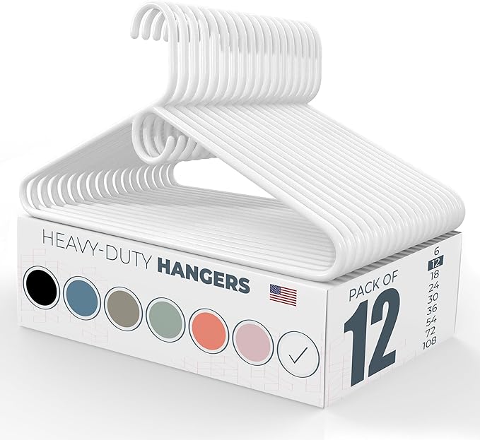 Heavy Duty Clothes Hangers 12 Pack – Made in the USA – 8lb Capacity Plastic Hangers for Adult Clothing – Durable for Pants, Coats, Jackets, or Jeans – White