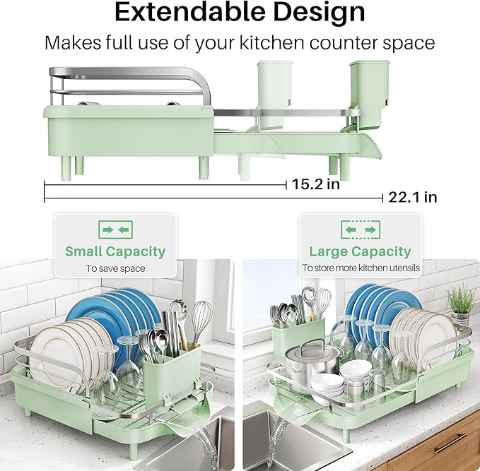 SNTD Dish Drying Rack, Expandable Dish Rack for Kitchen Counter, Stainless Steel Dish Drainer with Drainboard Set and Utensil Holder (Green)