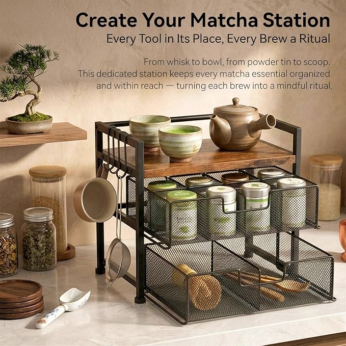 Beslands Tea Bag Organizer & Coffee Station, Matcha Kit Storage, 2 Drawers Tea Bar Tea Box Kitchen Shelf for Countertop, Teabag holder with 4 Hooks, Matcha Tea Station