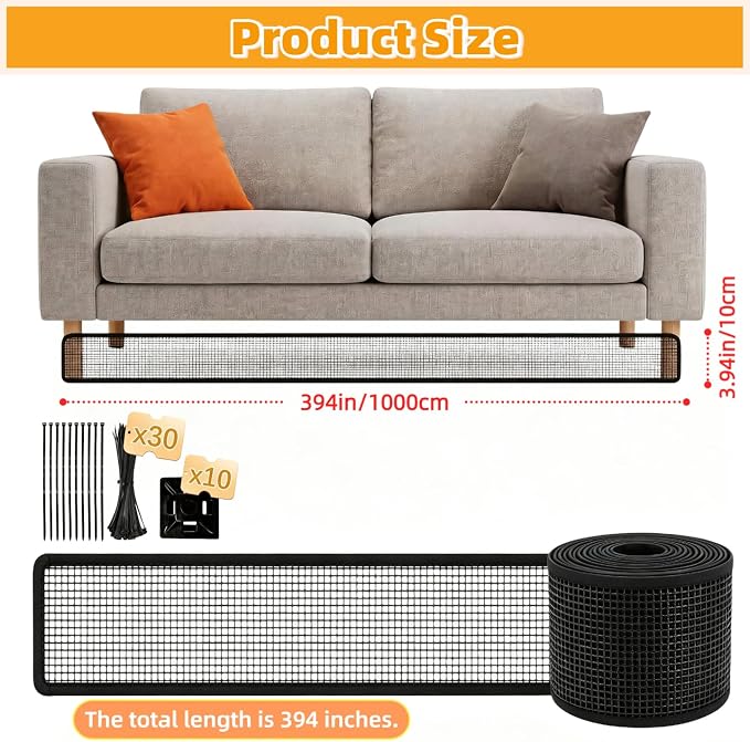 Under Couch Blocker and Bed Blocker for Pets, Toy Blocker with Zip Ties, Furniture Gap Guard to Stop Dogs, Cats and Toys from Rolling Under (Black, 394 × 3.94 Inch)