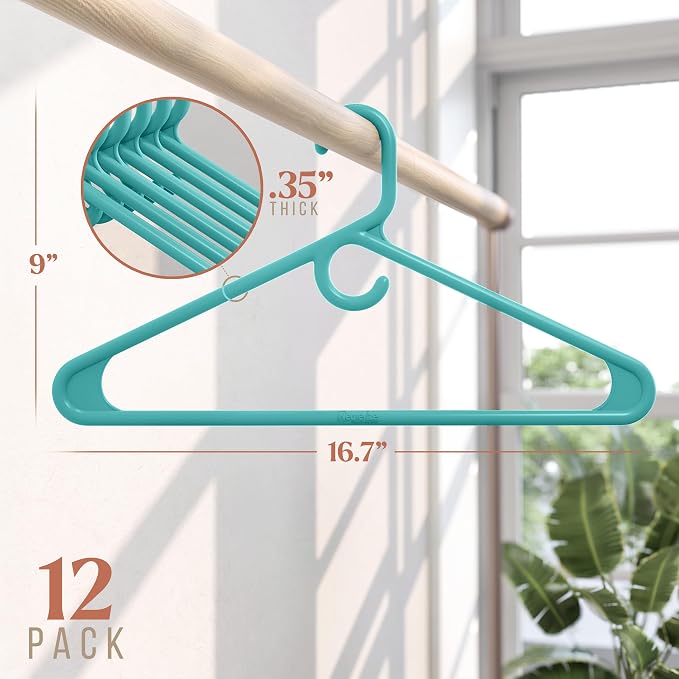 NEATERIZE Thick Heavy Duty Hangers - Aqua Plastic Clothes Hangers 12 Pack - Great for Coat Hanger, Jackets Jeans & Suit Hanger for Closet - New Apartment Essentials Percheros Ganchos para Colgar Ropa