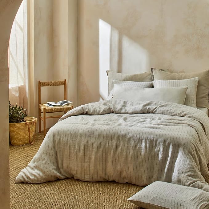 mixinni 3 Piece Striped Duvet Cover Set, Neutral Washed Cotton Linen Blend Bedding, Vintage Stripe Comforter Cover with 2 Pillowcases, Soft Breathable Farmhouse Bed Set for All Season-Queen Size