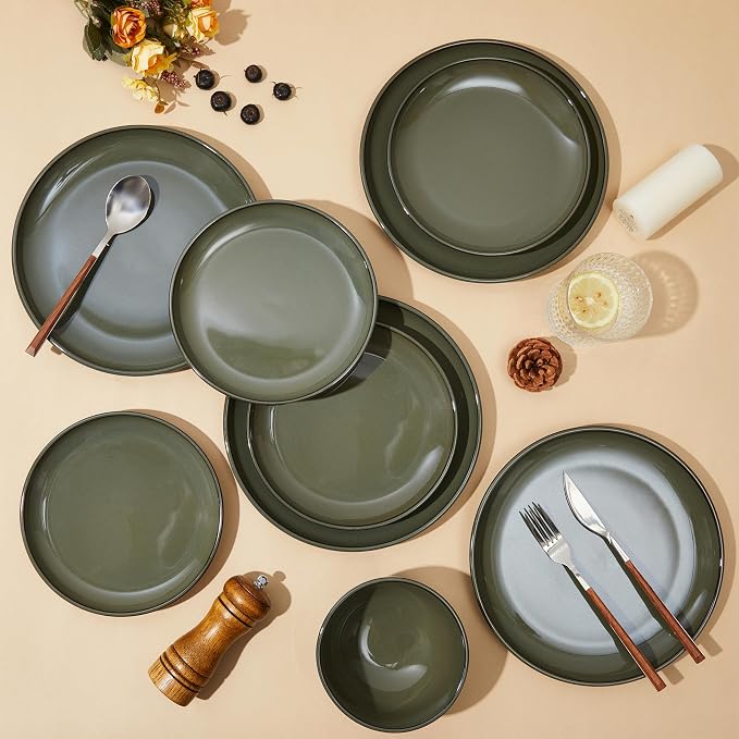 Pokini 16 Piece Double Bowl Dinnerware Sets with Pasta Bowls, Highly Chip and Crack Resistant Plates and Bowls Sets, Natural Earthyware Ceramic Dishware Sets, Service for 4 Blackish Green