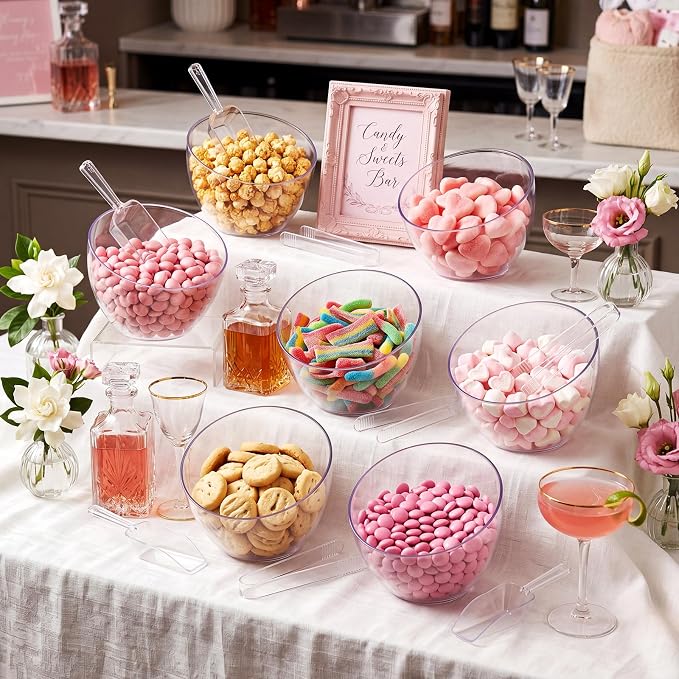 6 Pcs 25 oz Clear Plastic Serving Bowls with 3 Tongs and 3 Scoops Reusable Angled Candy Bar Containers for Candy Buffet Station Party Supplies Weddings Birthday Dessert Snack Bowl
