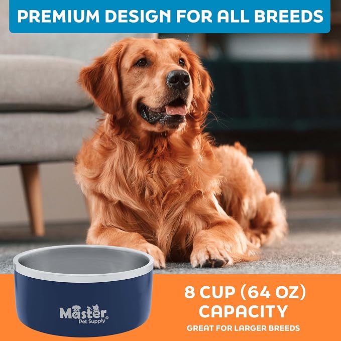 Master Pet Supply Stainless Steel Dog Bowls - 64 oz, Heavy Duty - Navy Blue, Double Wall Extra-Thick Insulated, Non-Slip Pet Water Bowl for Dogs, Cats & Pets, Anti Rust Metal, Dish Washer Safe