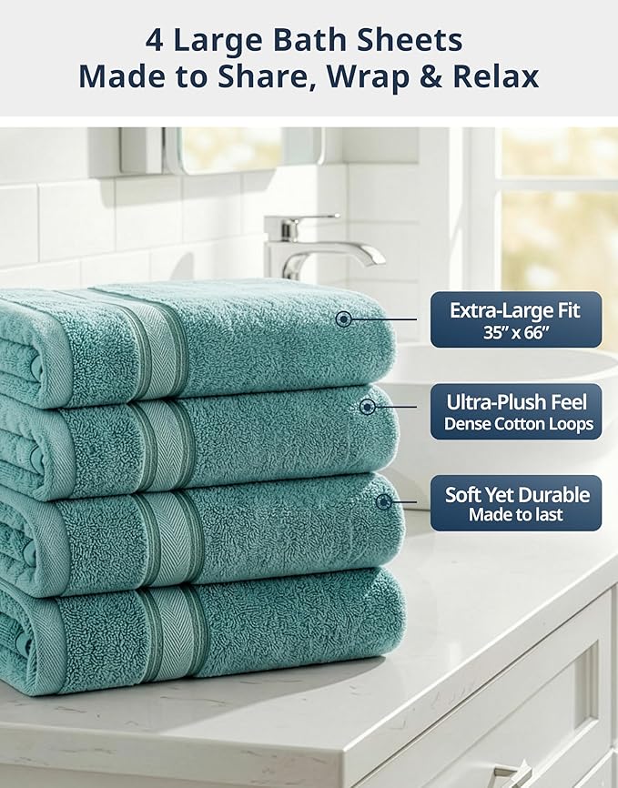 LANE LINEN 100% Pure Cotton Bath Sheets - Exclusive Zero Twist Softness - 4 Pack (35"x66") - Quick Dry, Super Absorbent & Highly Durable - Wrap yourself in Cloud-Like comfort after every shower - Teal