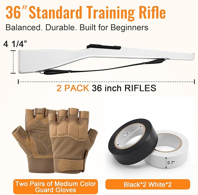 36" Color Guard Rifle, Wooden Drill Rifle for Winter Guard, Tan Gloves | Glossy Finish, Black Leather Strap, 1.5-2 lbs Balanced, Foam Padded Ends, Includes Tan Gloves & 2 Tapes