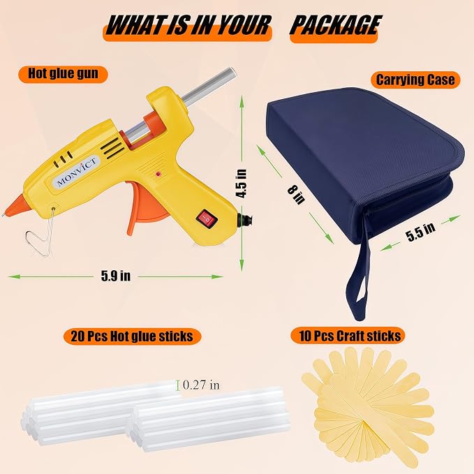 MONVICT 30W Mini Hot Glue Gun Kit, Fast Preheating Glue Gun，Storage Case | 20 Pcs Premium Glue Sticks, 10 Pcs Wood Craft sticks, Hot Melt Glue Gun for School Crafts DIY Arts Gift (Yellow)