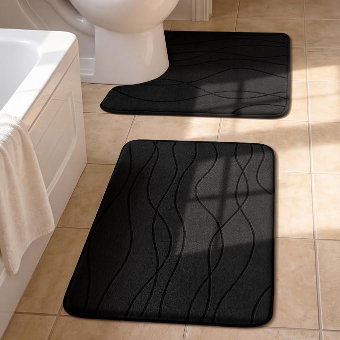 YIHOUSE Bathroom Rugs Set 2 Piece, Memory Foam Bath Mat Black | U Shaped+Small Mat, Ultra Soft, Absorbent, Non-Slip, Machine Washable, for Bathroom, Sink and Toilet
