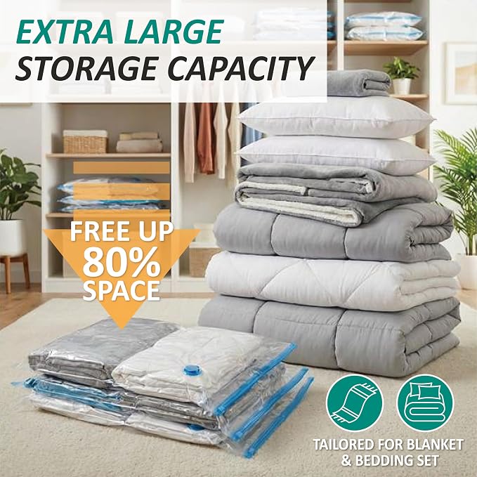 Cozy Essential Vacuum Storage Bags, 80% Compression Vacuum Seal Space Saver Plastic Packaging Bags for Clothes, Blankets, Pillow, Bedding, Comforters, Sealer Clothing Storage,12 Jumbo