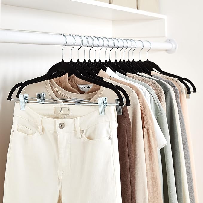 Amazon Basics Velvet Non-Slip Skirt Clothes Hangers with Clips, 360 Degree Rotatable Hook, Sturdy Construction, Organize Pants and Skirts, Black/Silver, 50-Pack