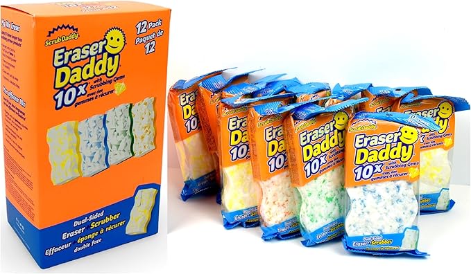 Scrub Daddy - Eraser Daddy with Scrubbing Gems Dual-Sided Scrubber and Eraser, Lasts 10x Longer Than Ordinary Melamine Erasers, Water Activated, Ergonomic, Pack of 12, Includes 4 Colors