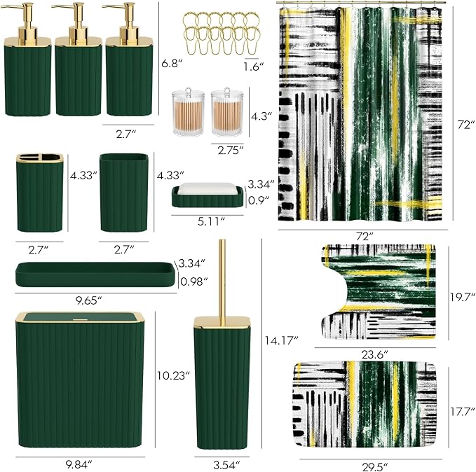 Bathroom Set - Bathroom Accessory Set, Dark Green Bathroom Set, 26PC Bathroom Sets with Shower Curtain and Rugs, Toilet Brush, Trash Can, Qtip Holder & Bathroom Soap Dispenser Set